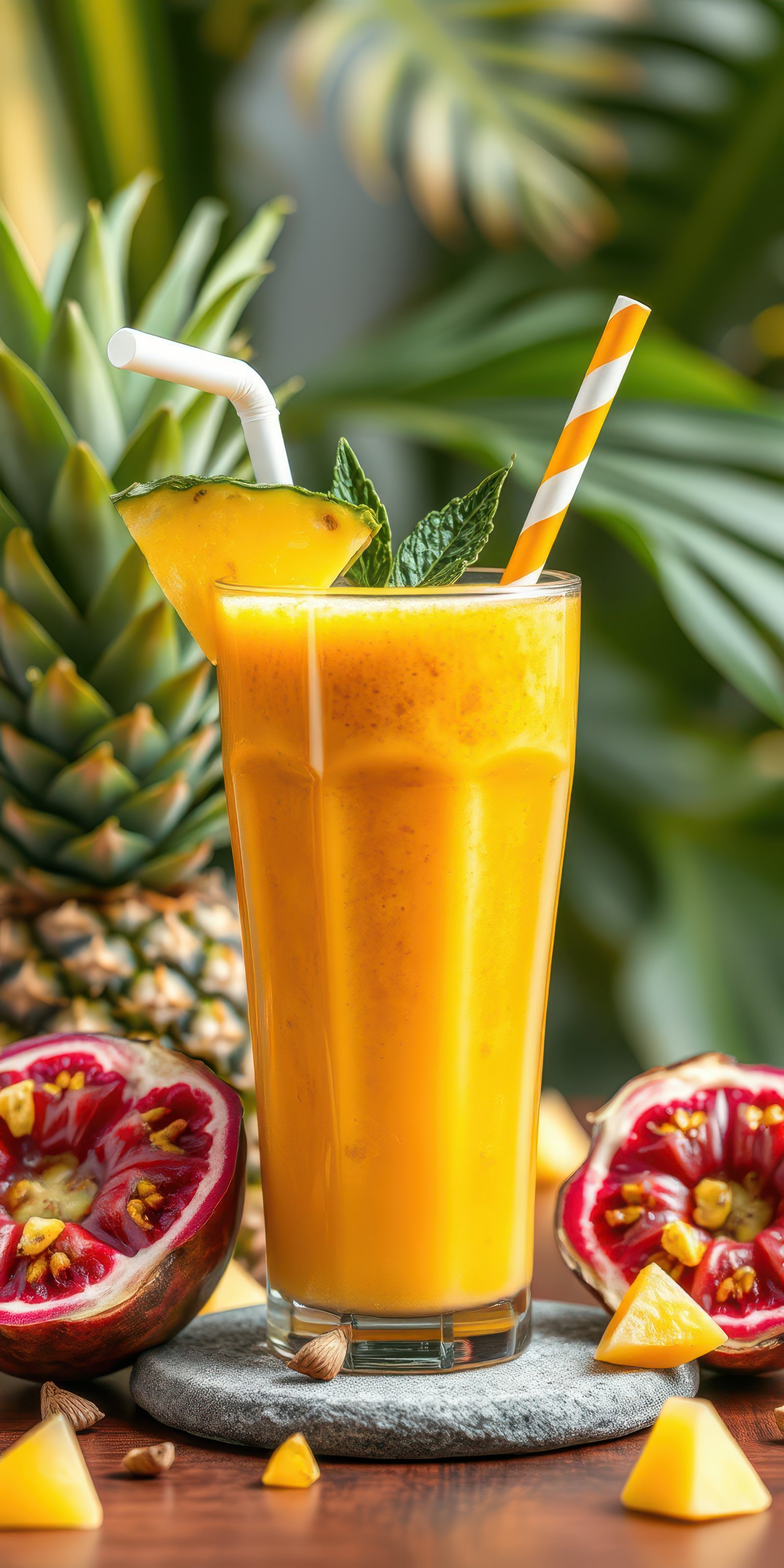 Fresh tropical smoothie featuring pineapple and passion fruit served in a glass with garnishes